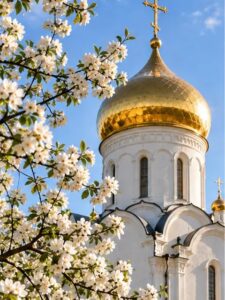 Благовещение Пресвятой Богородицы 7 апреля: смысл, история и традиции Благовещение Пресвятой Богородицы: белый храм с золотым куполом среди цветущих деревьев — Памятники Минеев Групп, Севастополь